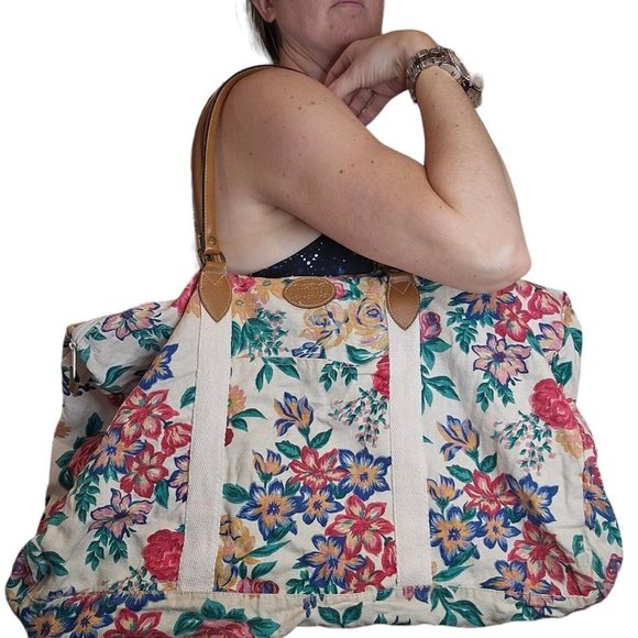 80s 90s‎ Gitano Large Duffle Bag Tapestry Canvas Floral Leather Handles 20x13 - Picture 1 of 9